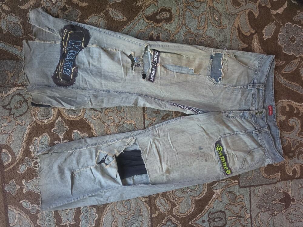 VTG DIY Wide-Leg Flare Jeans XL/XXL: STREET CRUST PUNK BIKER MOTO THRASHED Y2K